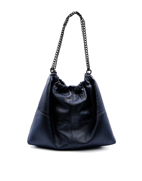 Bolsa de Piel Gris Plata Maráh con Cadena | Bolsa Amplia para Mujer