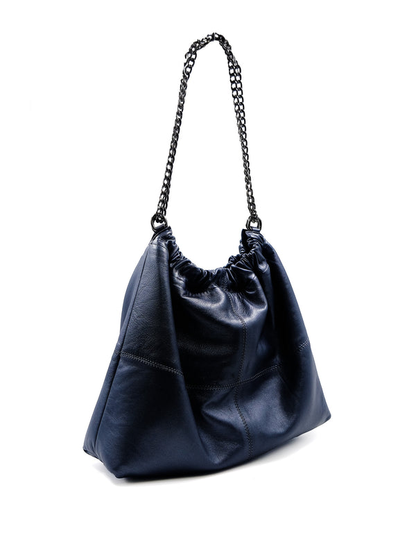 Bolsa de Piel Gris Plata Maráh con Cadena | Bolsa Amplia para Mujer