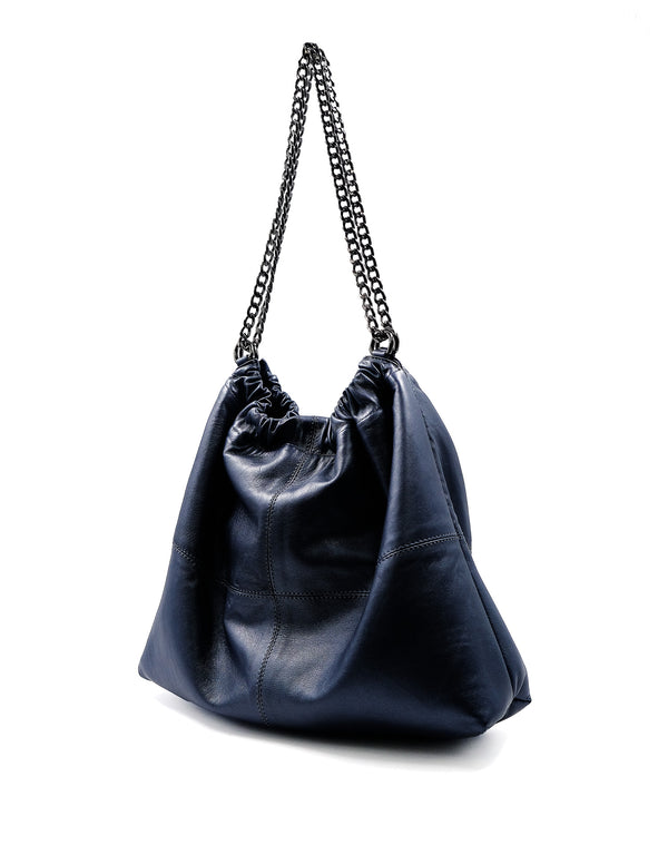 Bolsa de Piel Gris Plata Maráh con Cadena | Bolsa Amplia para Mujer
